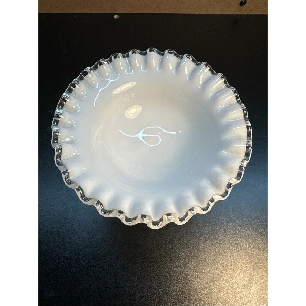 Vintage Fenton Silver Crest Footed Nut Dish Clear Crimped Rim 3.75” Tall